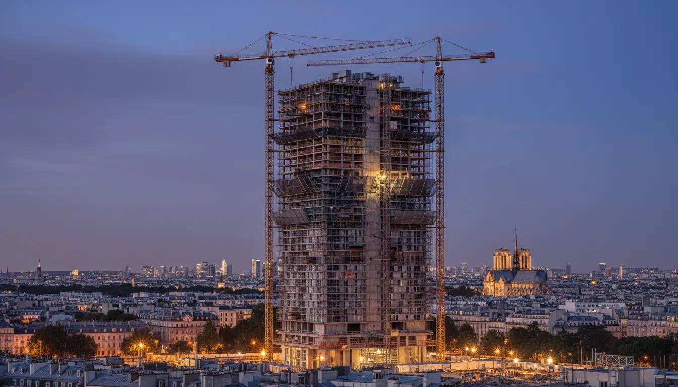 La tour Montparnasse entourée d'échafaudages lors de sa rénovation au crépuscule