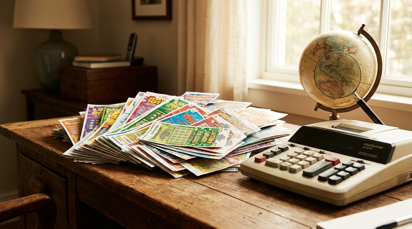 Pile de billets de loterie sur un bureau en bois avec calculatrice