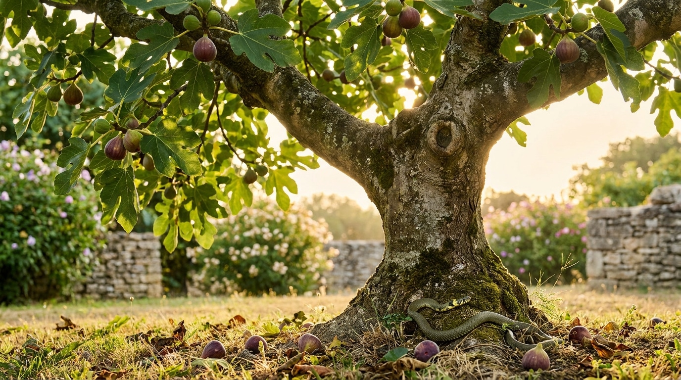 Figuier en été avec fruits mûrs et couleuvre au pied