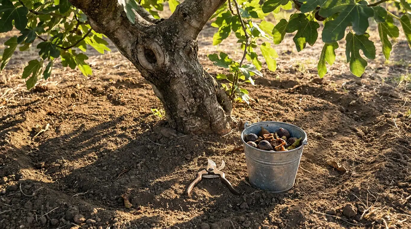 Base de figuier dégagée avec sécateur et seau de compost