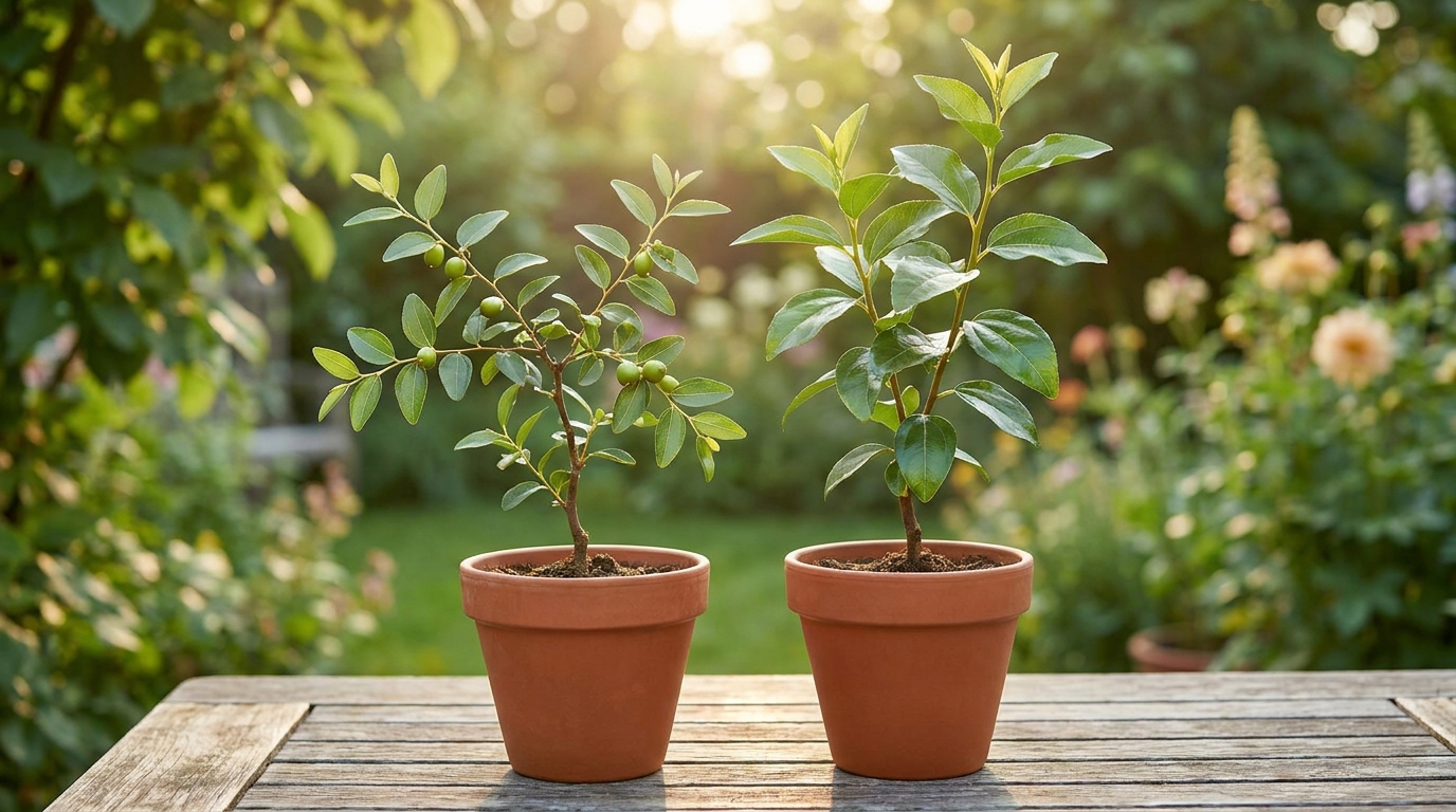 Deux jeunes plants de jujubier en pot côte à côte sur une table de jardin
