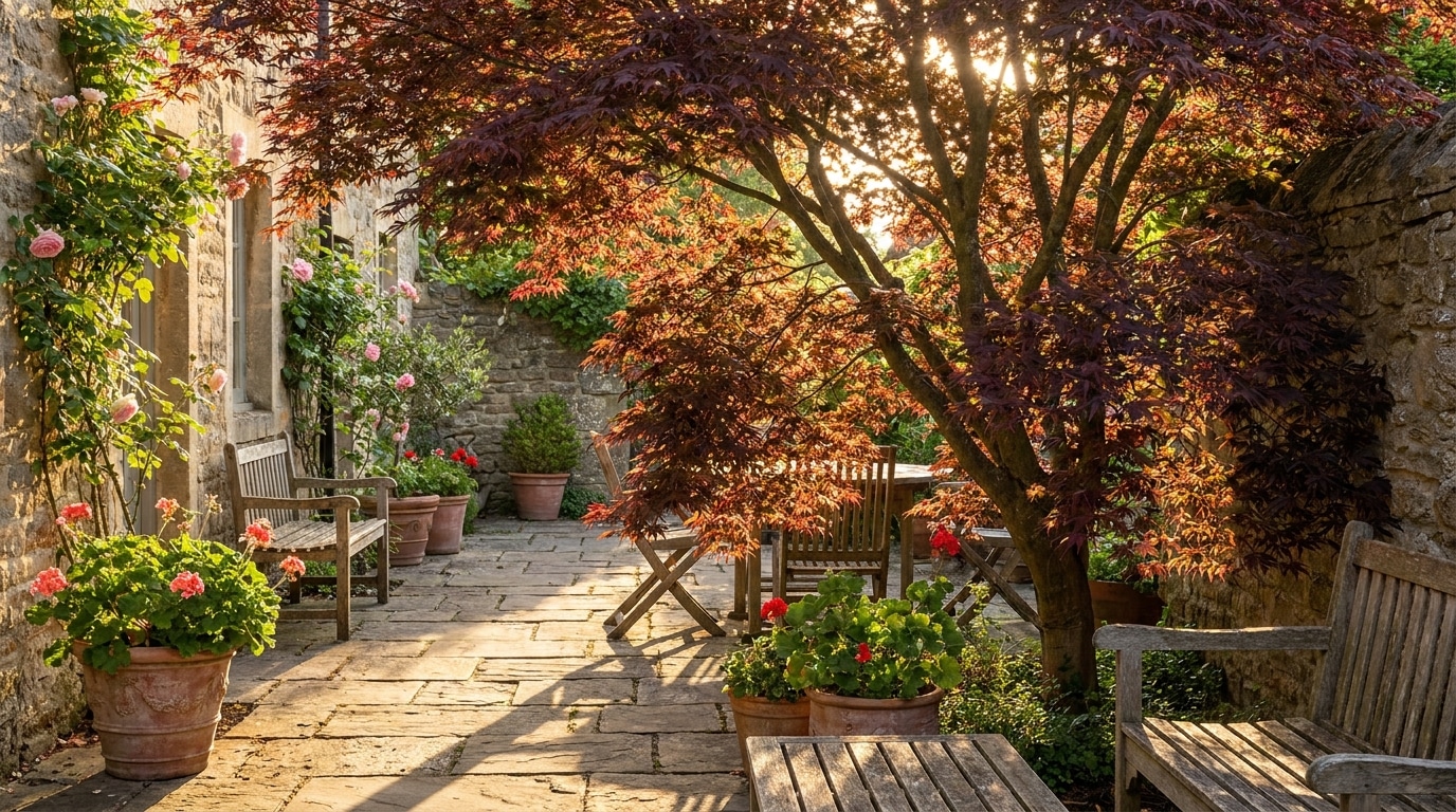 Érable du Japon ombrant une terrasse de jardin en été