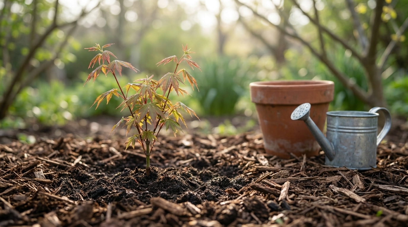 Jeune érable du Japon planté dans un sol paillé au printemps