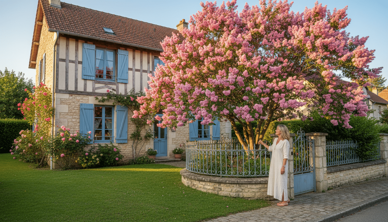 Lilas des Indes en fleurs devant une maison française