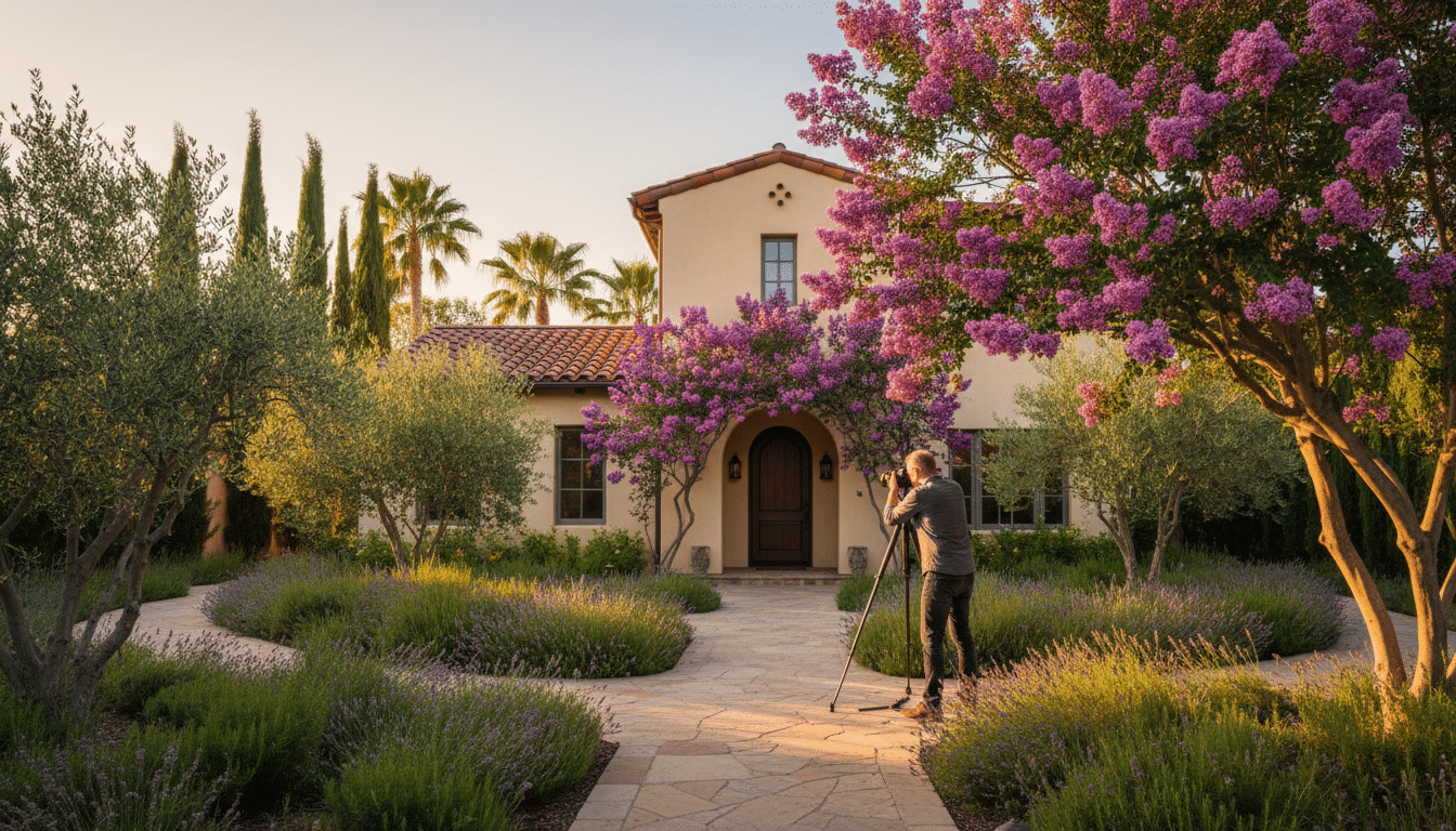 Photographe immobilier cadrant une maison avec lilas des Indes