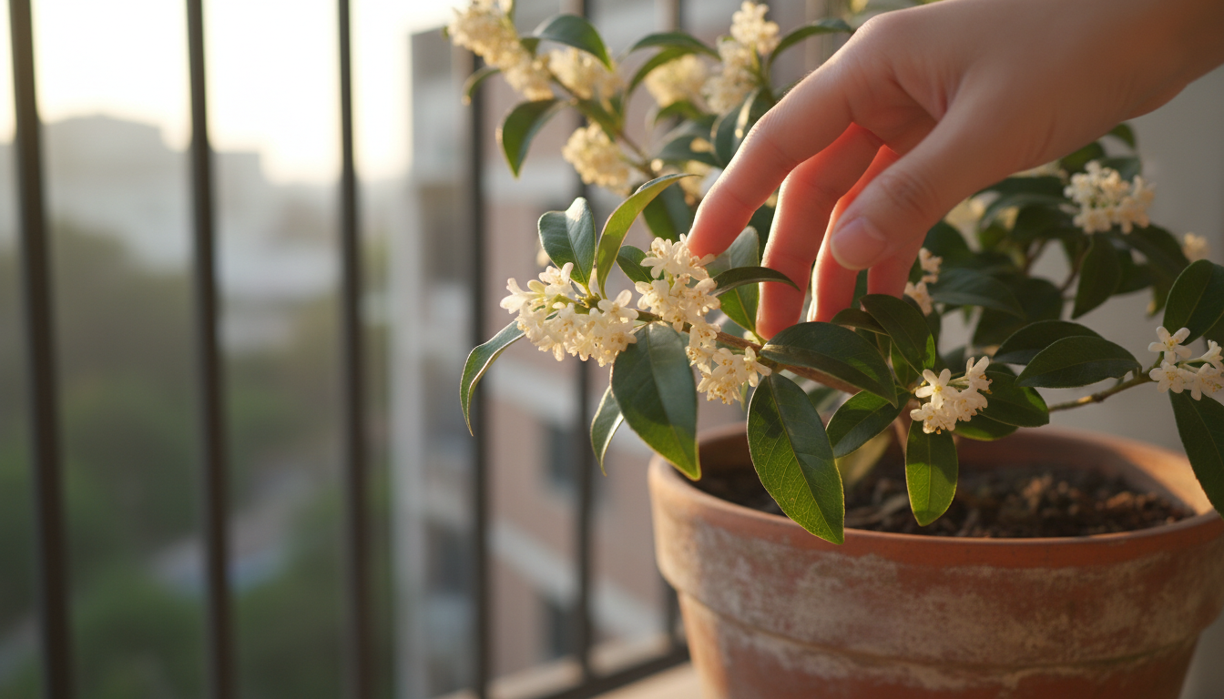 Fleurs crème d'Osmanthus fragrans sur un balcon ensoleillé