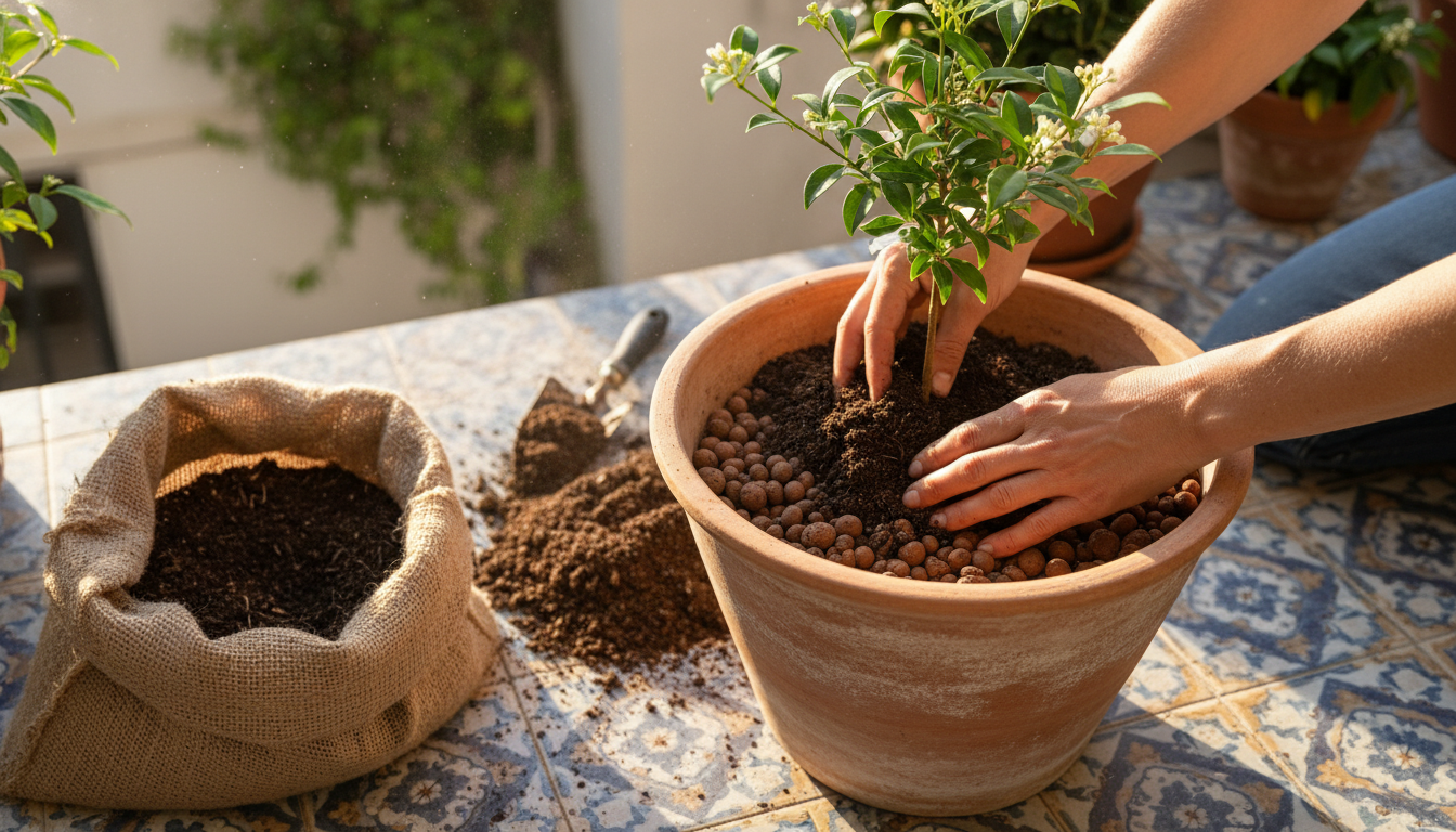 Plantation d'un olivier doux dans un pot en terre cuite