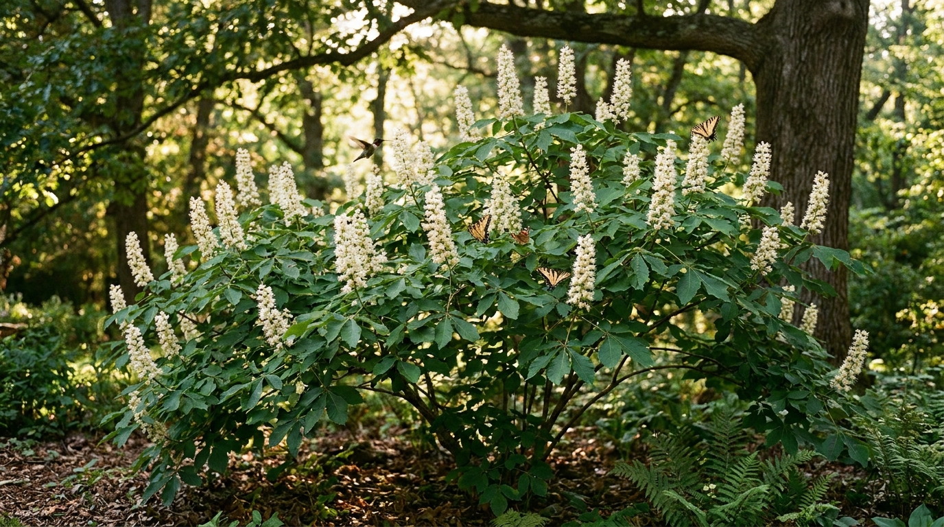 Arbuste bottlebrush buckeye en fleurs blanches dans un jardin ombragé