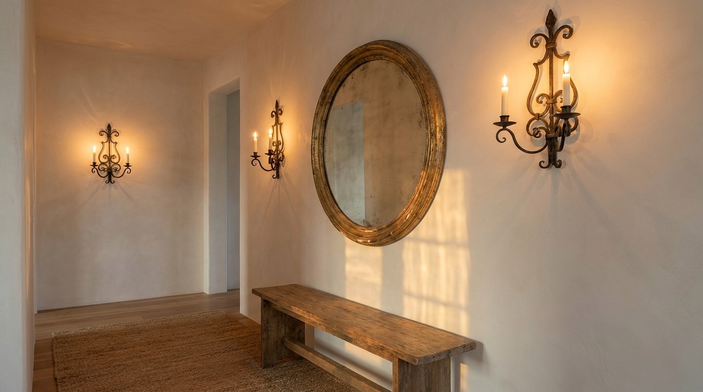 Deux appliques murales en fer forgé encadrant un miroir ancien
