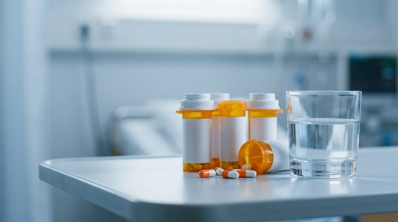 Flacons de médicaments immunosuppresseurs sur une table de chevet d'hôpital