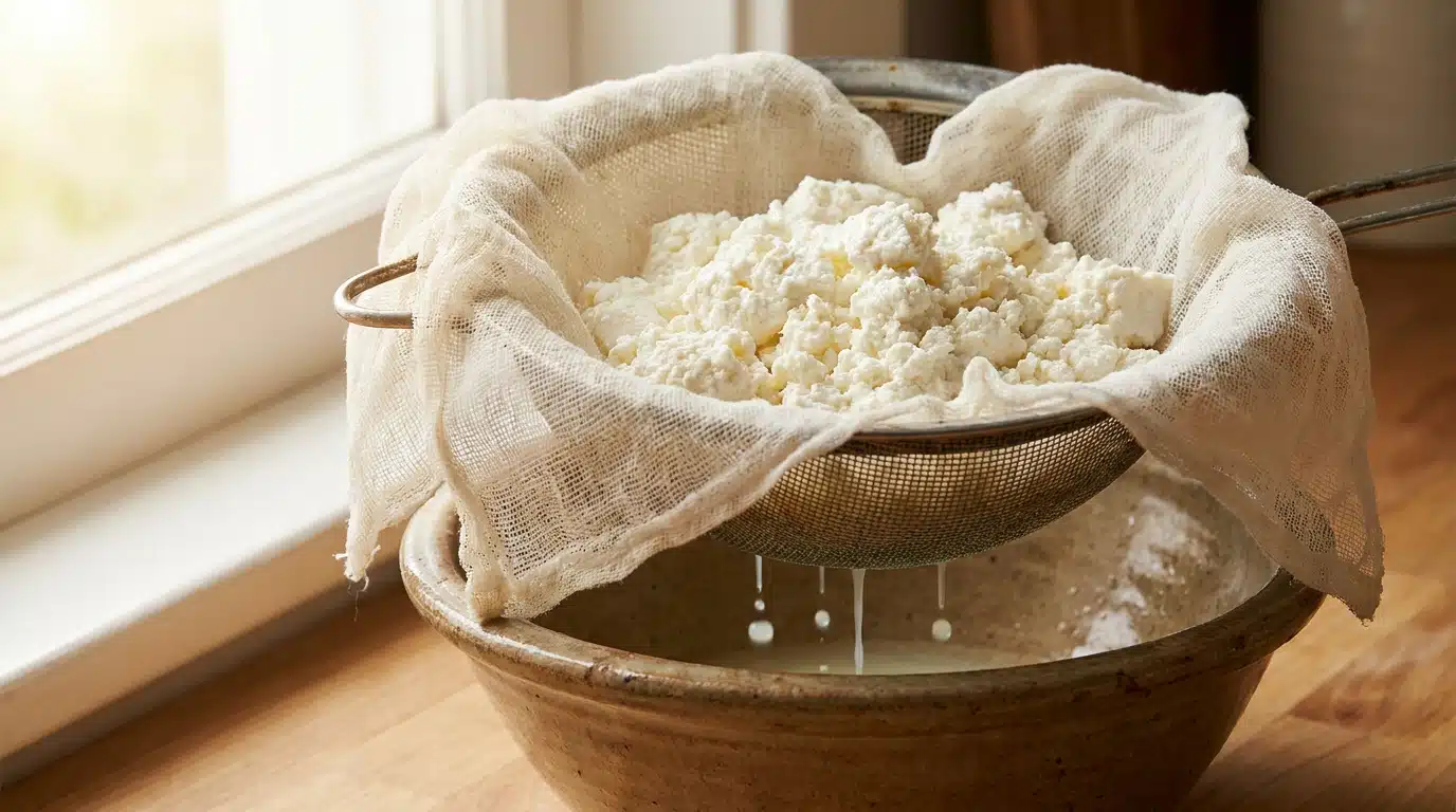 Ricotta égouttée dans une passoire tapissée de gaze en cuisine