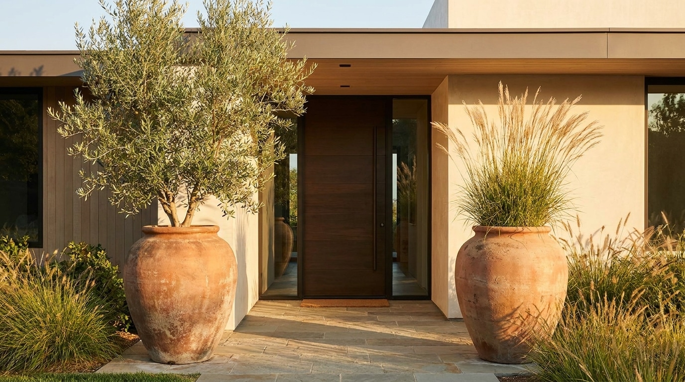 Deux grands pots en céramique encadrant une porte d'entrée moderne