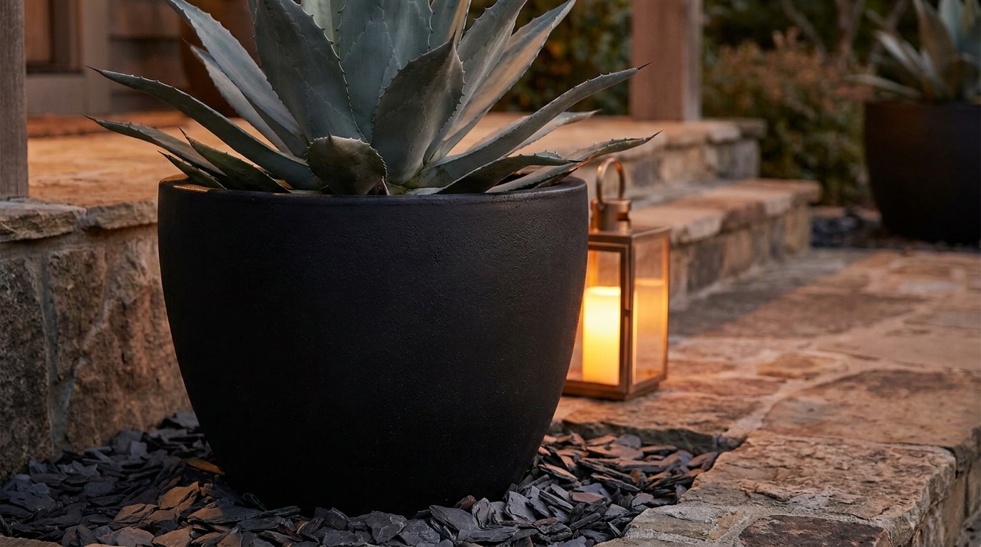 Pot noir mat XXL avec agave sur un perron en pierre au crépuscule