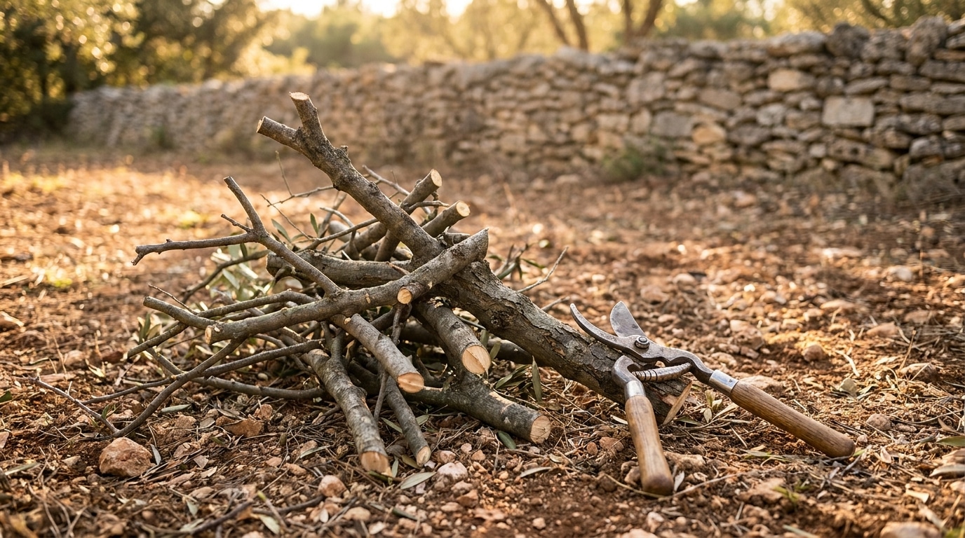 Branches d'olivier taillées posées au sol près d'un sécateur