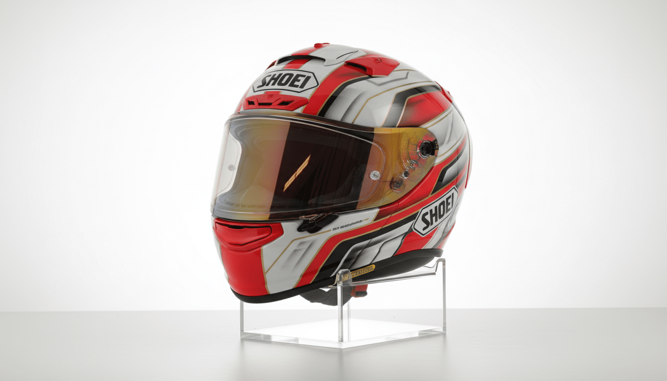 Casque de pilote moto exposé lors d'un événement promotionnel au Japon