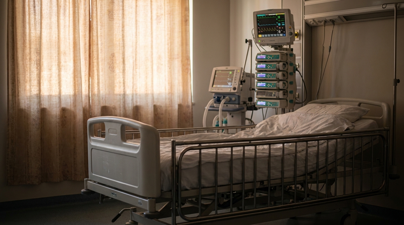 Lit d'hôpital pédiatrique vide avec ventilateur et moniteurs