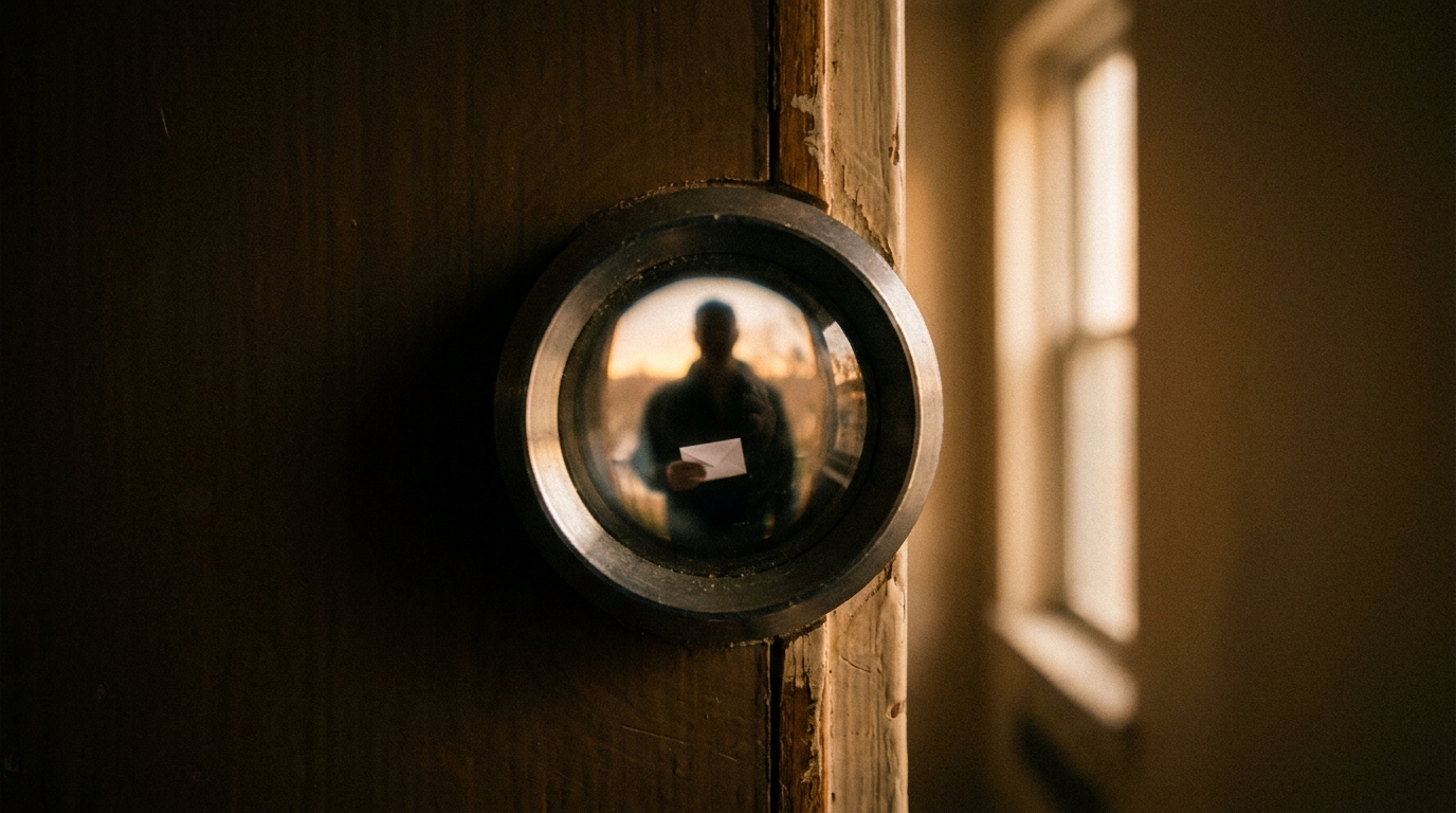 Vue floue d'une silhouette derrière une porte d'entrée