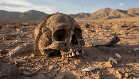 Crâne momifié avec une dent visible sur les hauts plateaux boliviens