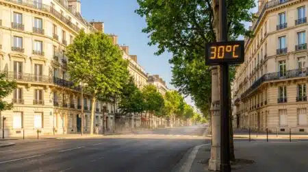Rue parisienne ensoleillée sous une chaleur de mai