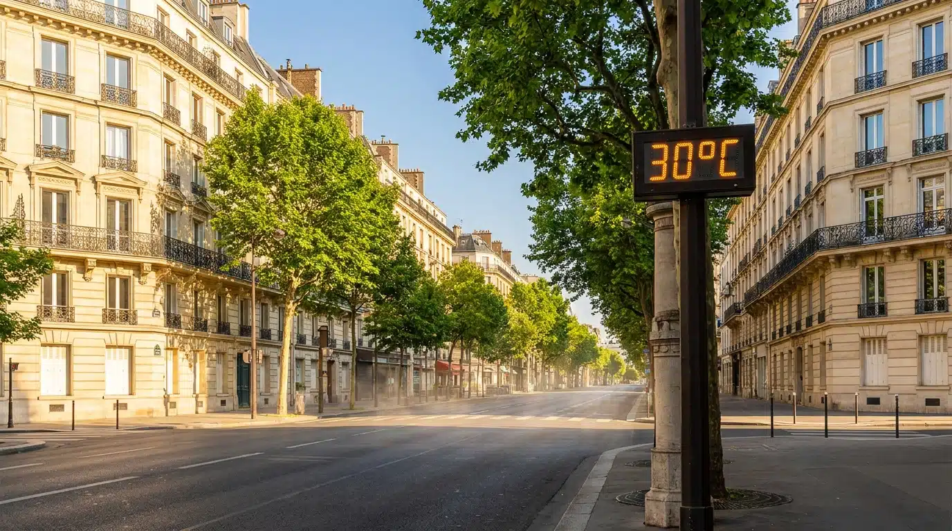 Rue parisienne ensoleillée sous une chaleur de mai