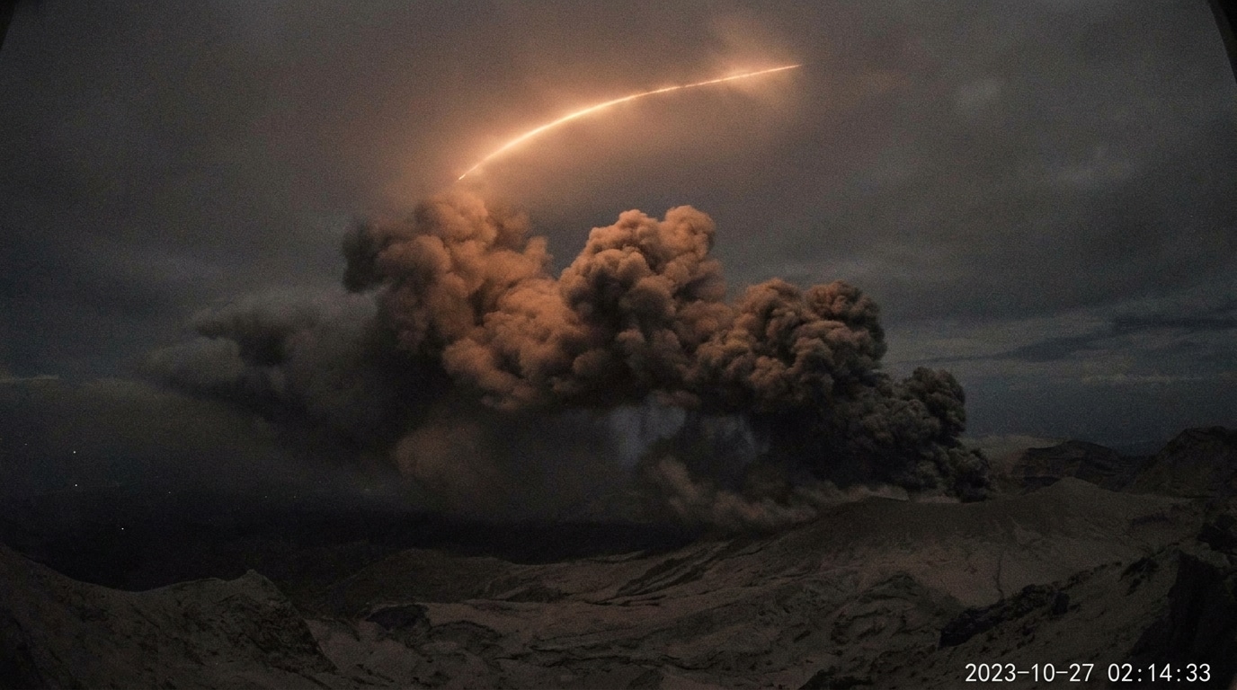 Panache de cendres volcaniques éclairé par une lueur nocturne