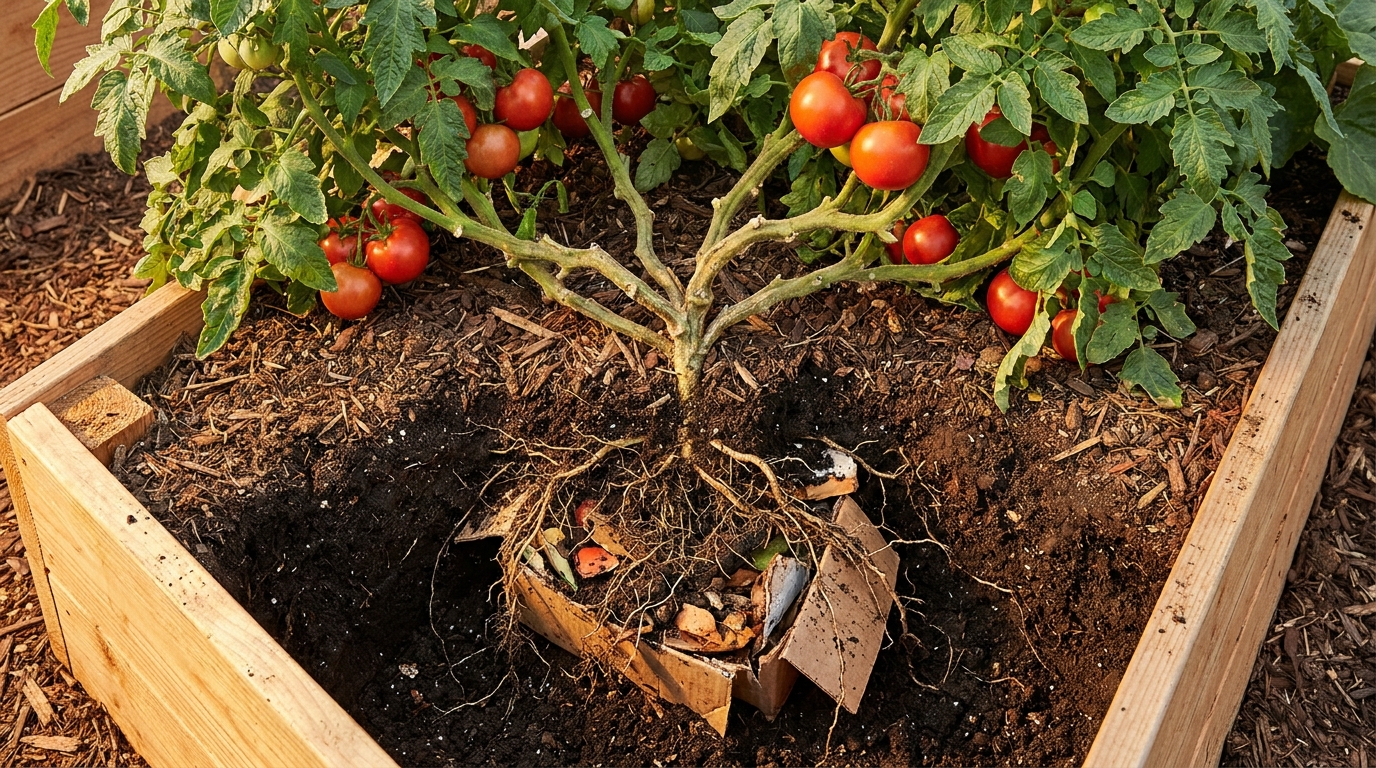 Plant de tomate vigoureux avec racines profondes dans un potager