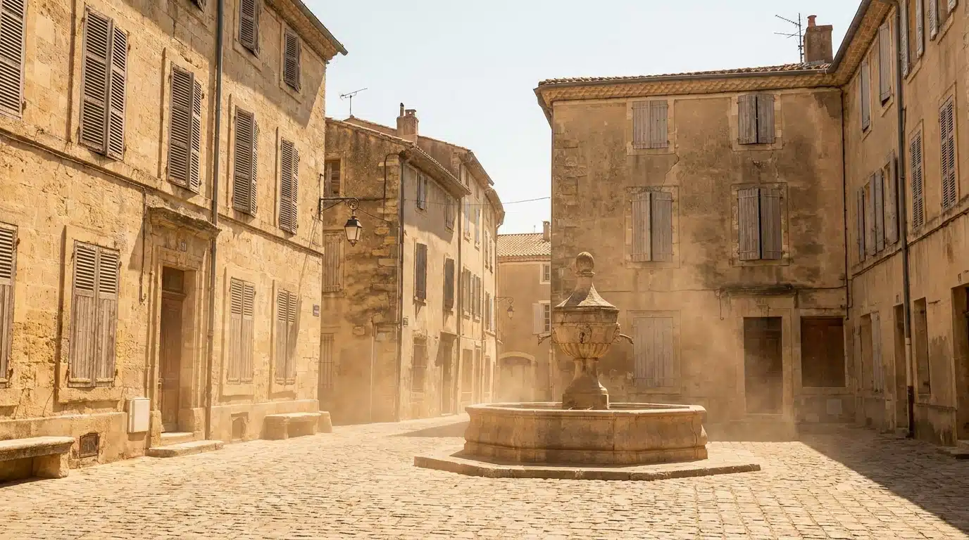 Place de ville française sous une chaleur écrasante volets fermés