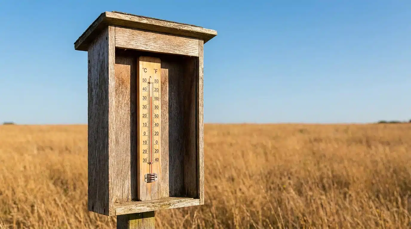 Thermomètre météo affichant une température extrême en campagne bretonne