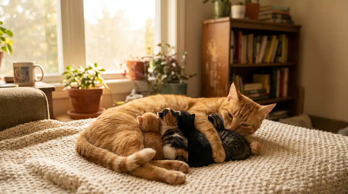 Chatte rousse allaitant ses chatons sur une couverture douce