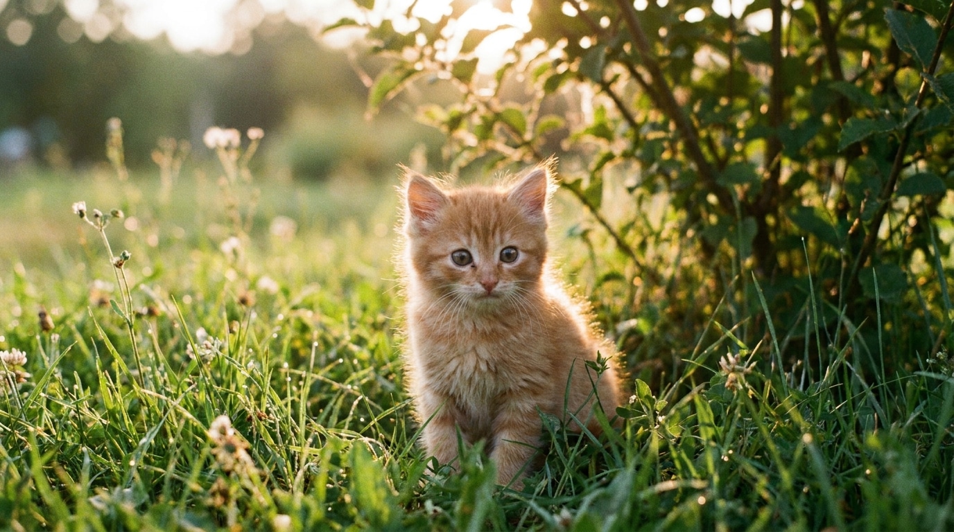 Petit chaton roux seul dans l'herbe près d'un buisson