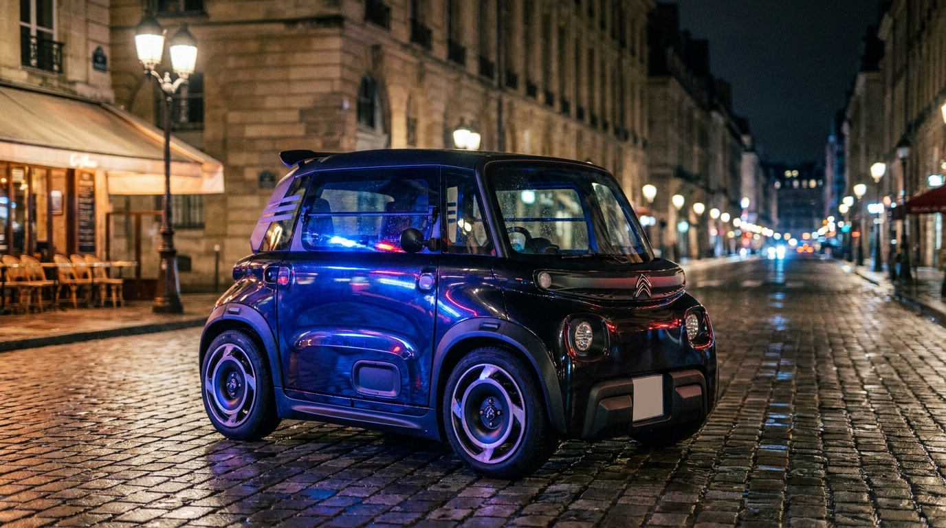 Citroën Ami modifiée garée en ville sous des reflets de gyrophares