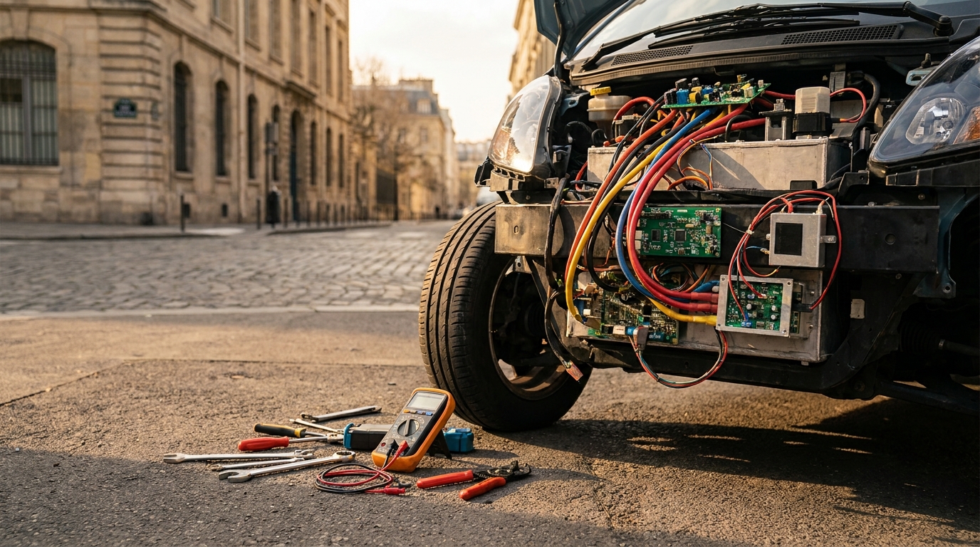 Moteur ouvert d'une voiturette électrique avec câblage modifié