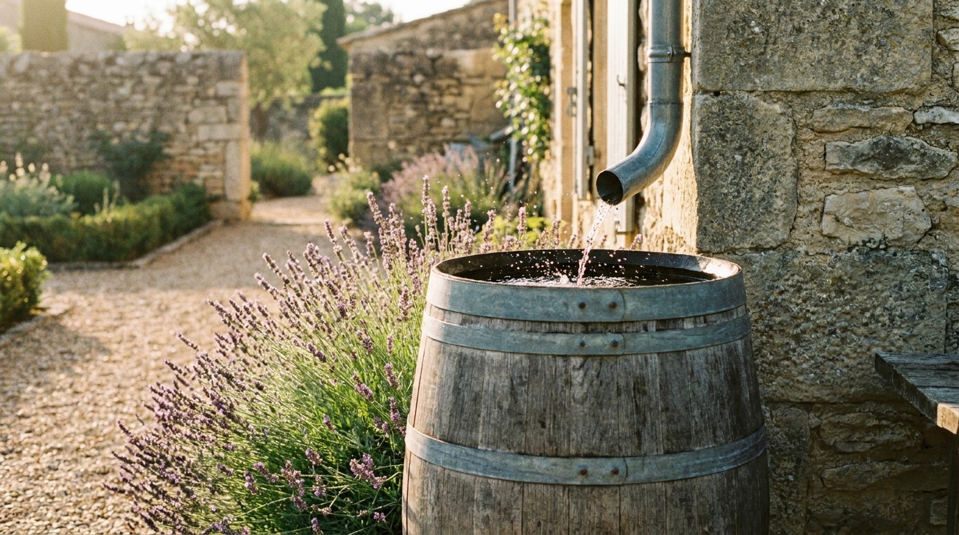 Récupérateur d'eau de pluie dans un jardin provençal
