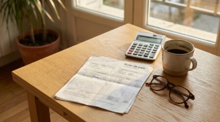 Fiche de paie posée sur un bureau en bois clair