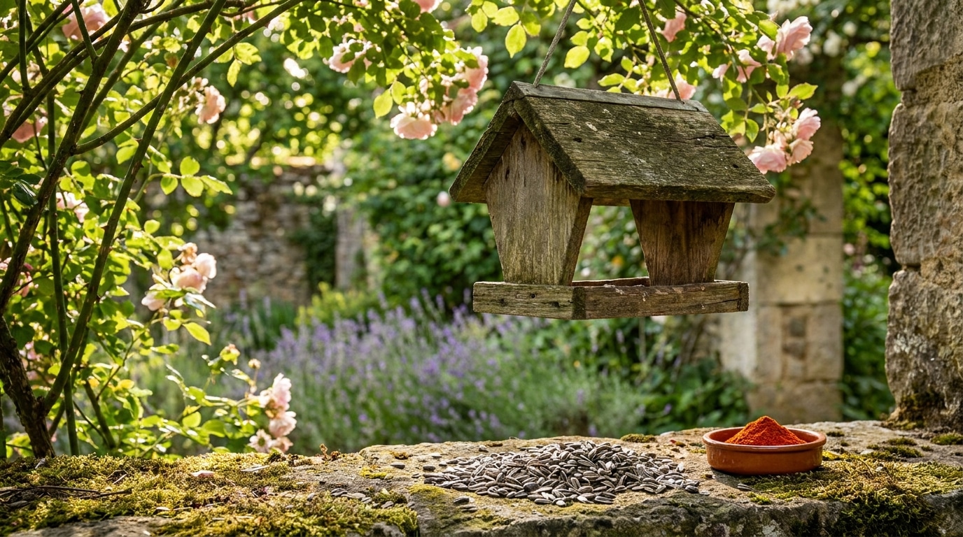 Mangeoire en bois dans un jardin avec graines et piment de Cayenne
