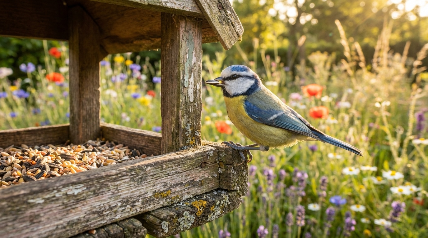Mésange bleue picorant des graines sur une mangeoire en bois