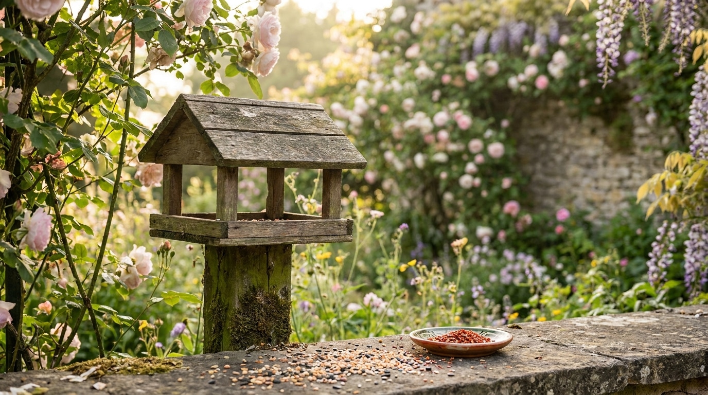 Mangeoire en bois dans un jardin avec graines et piment en poudre