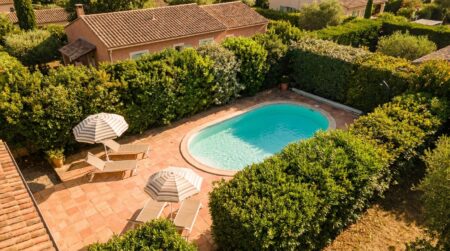 Vue aérienne d'un jardin avec piscine en été