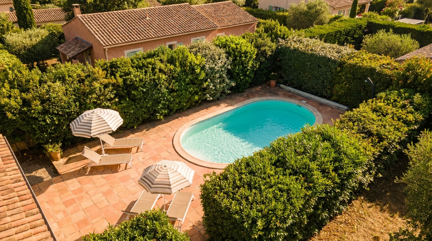 Vue aérienne d'un jardin avec piscine en été