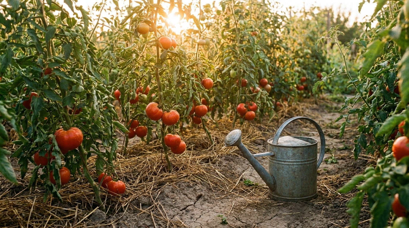 Plants de tomates mûres dans un potager ensoleillé avec paillage