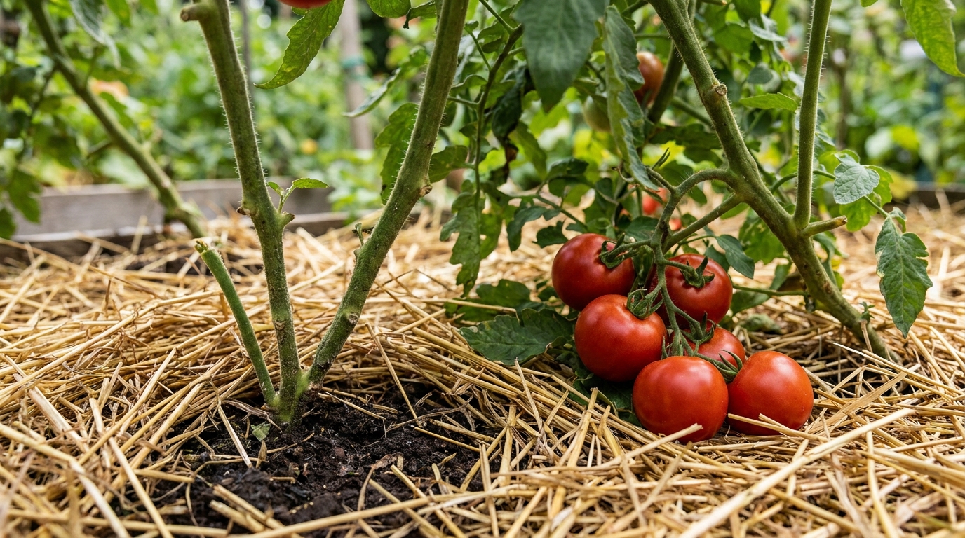 Couche de paille au pied de plants de tomates dans un jardin