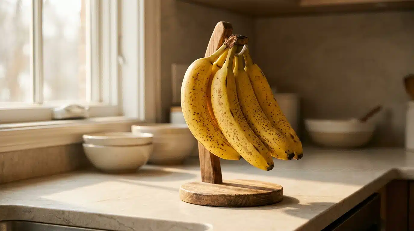 Bananes jaunes suspendues à un crochet sur un plan de travail