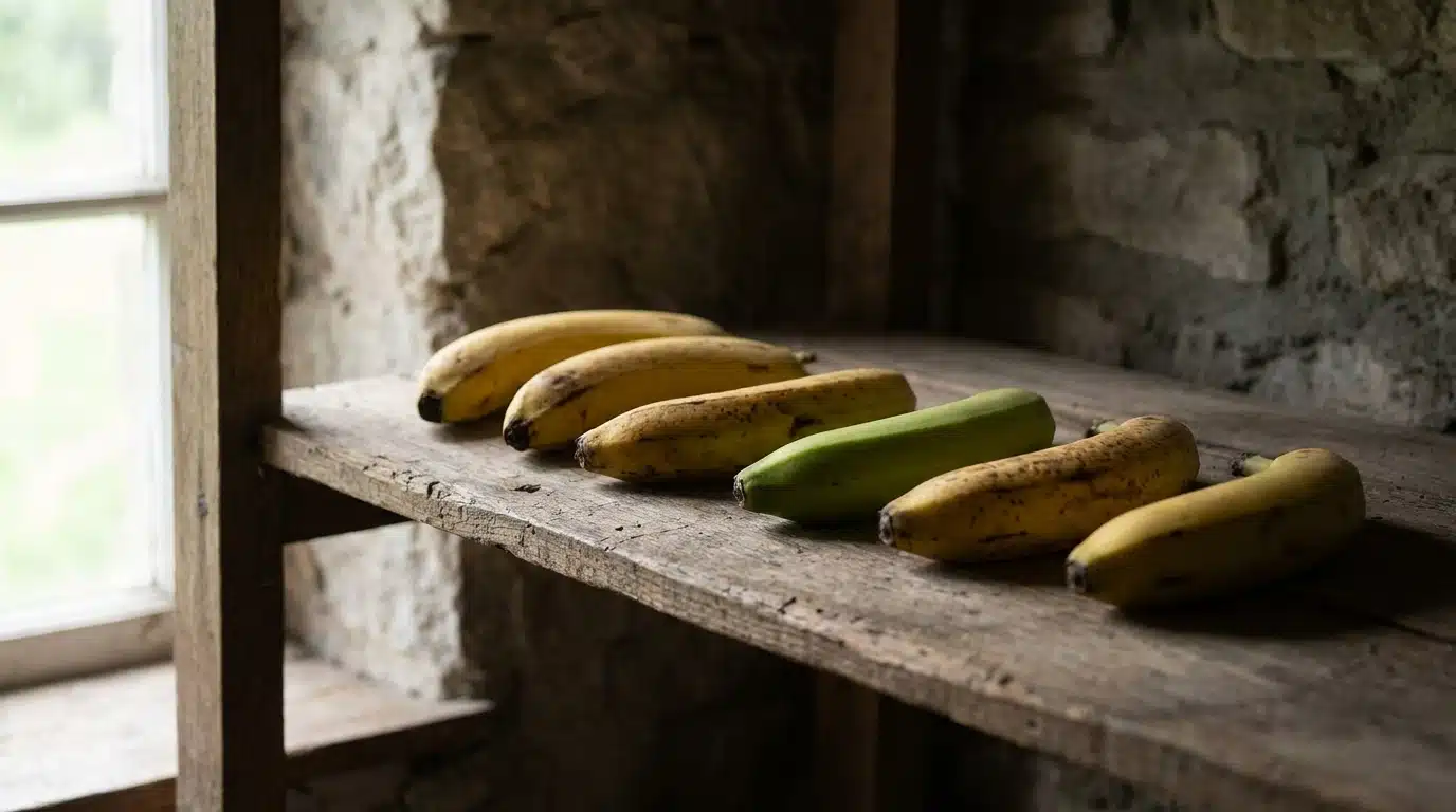 Bananes espacées posées à plat sur une étagère en bois