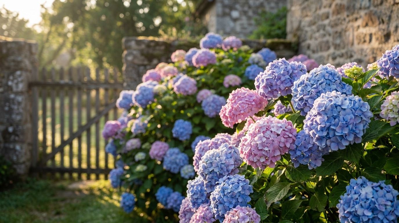 Hortensias en fleurs roses et bleus dans un jardin