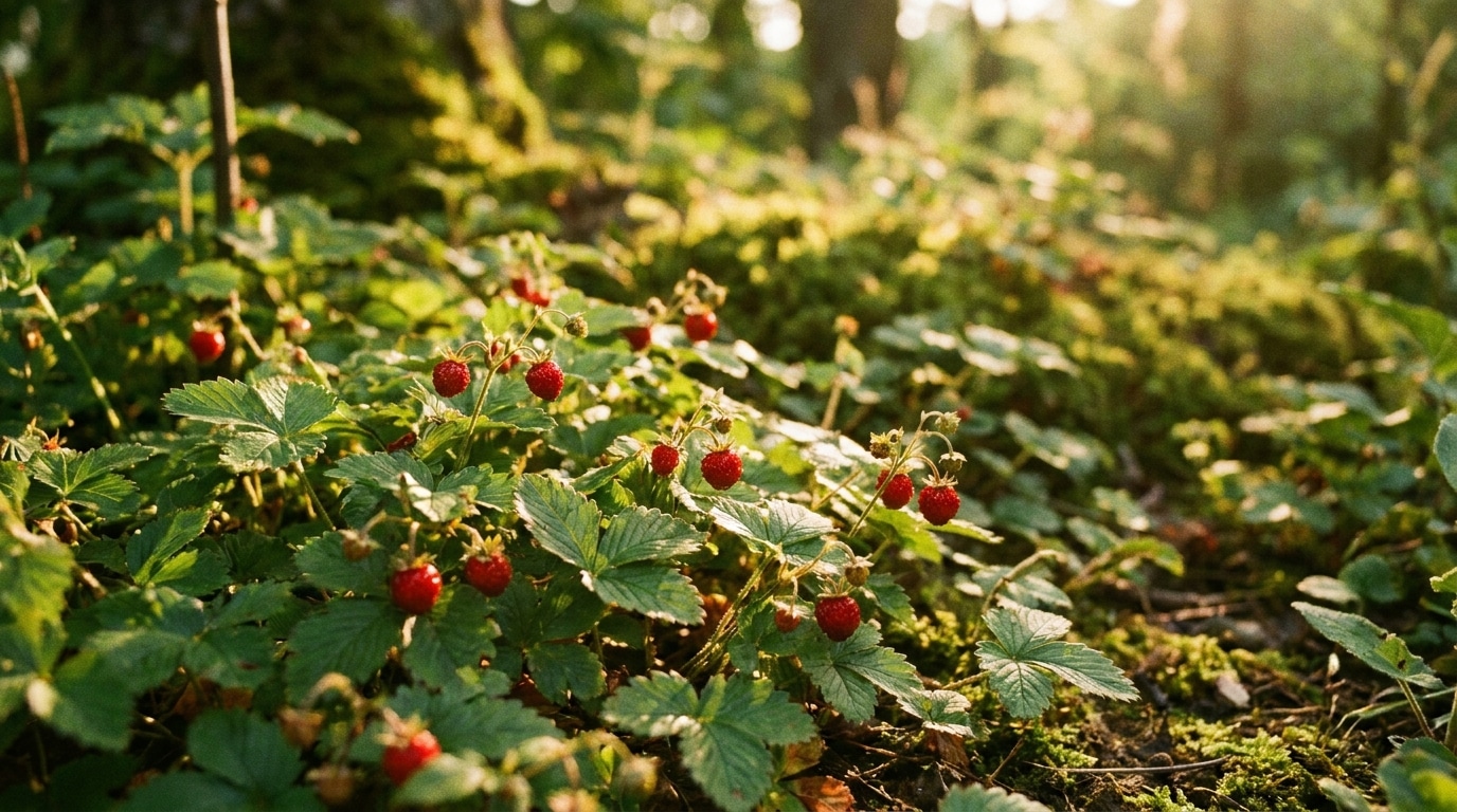 Petites baies rouges du fraisier des Indes dans un jardin