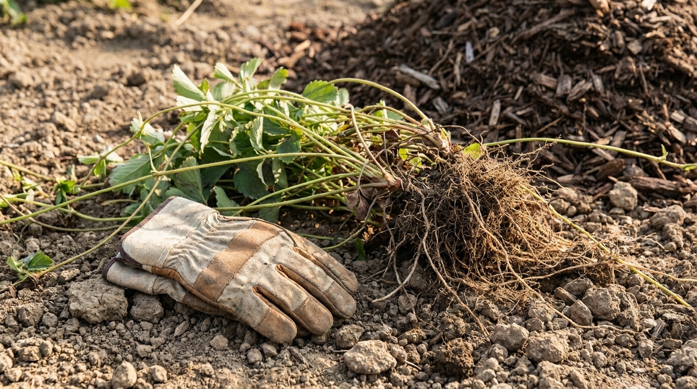Plant rampant arraché avec stolons sur terre de jardin