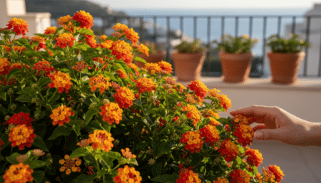 Lantana en fleurs avec grappes jaunes oranges et rouges sur un balcon