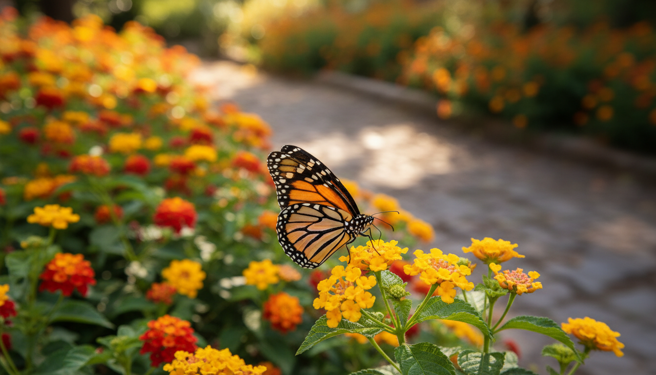 Papillon butinant une fleur jaune de lantana dans un jardin