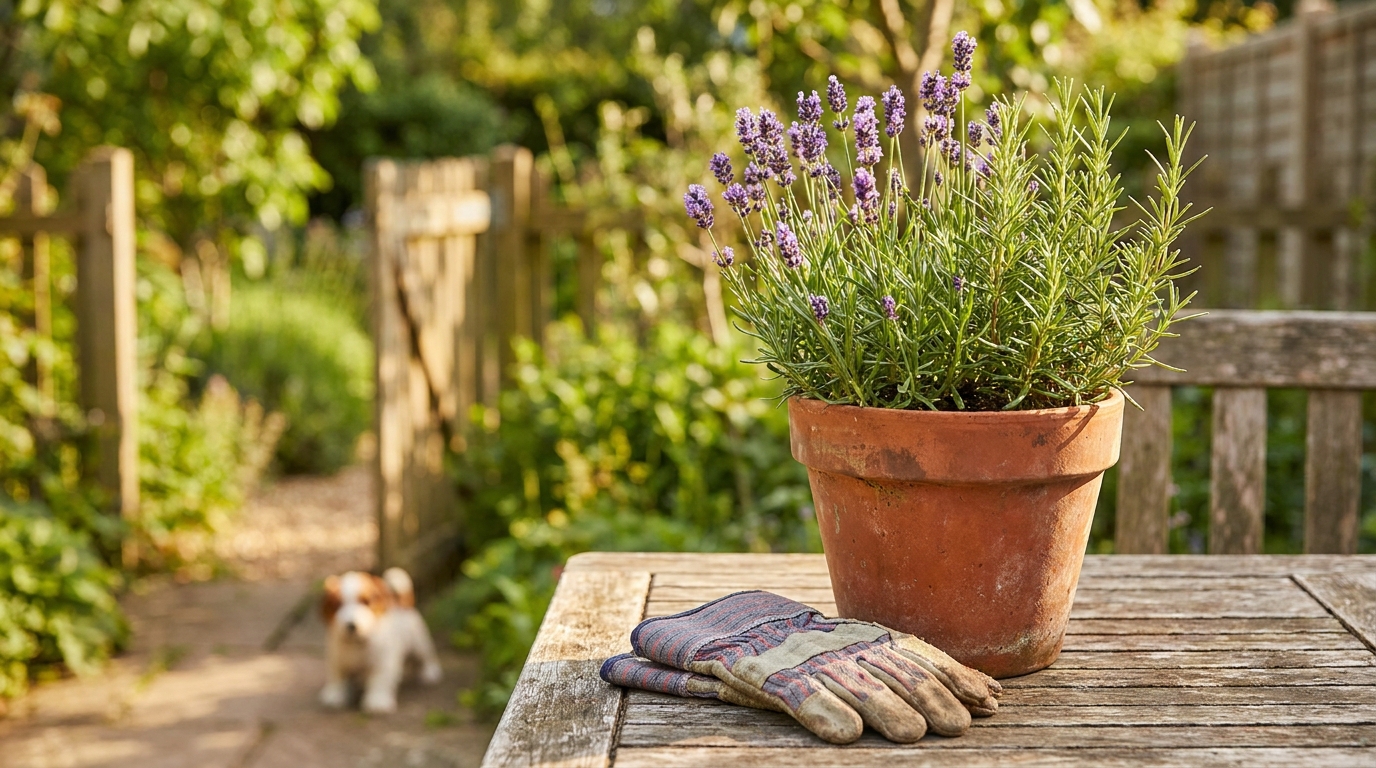 Pot de lavande et romarin sur table de jardin ensoleillée