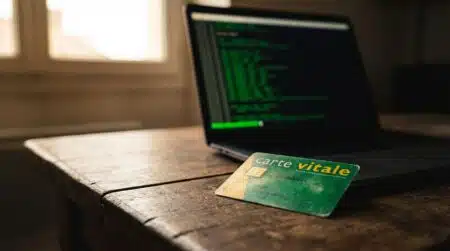 Carte vitale posée sur un bureau à côté d'un ordinateur